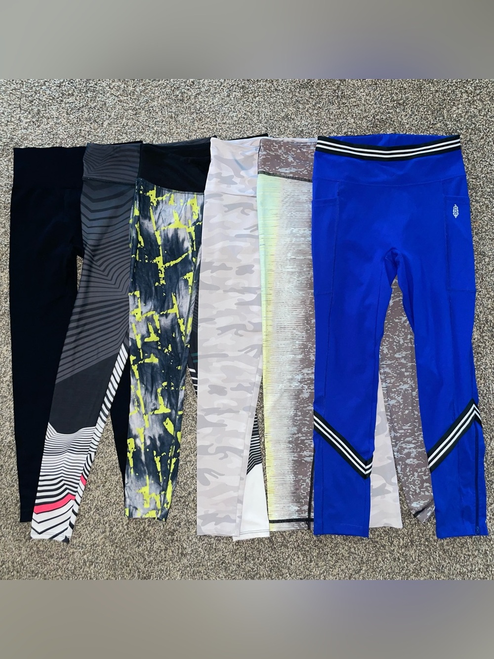 6 Women’s Small Active Leggings - Blue, Black, Gray, White, Green Accents